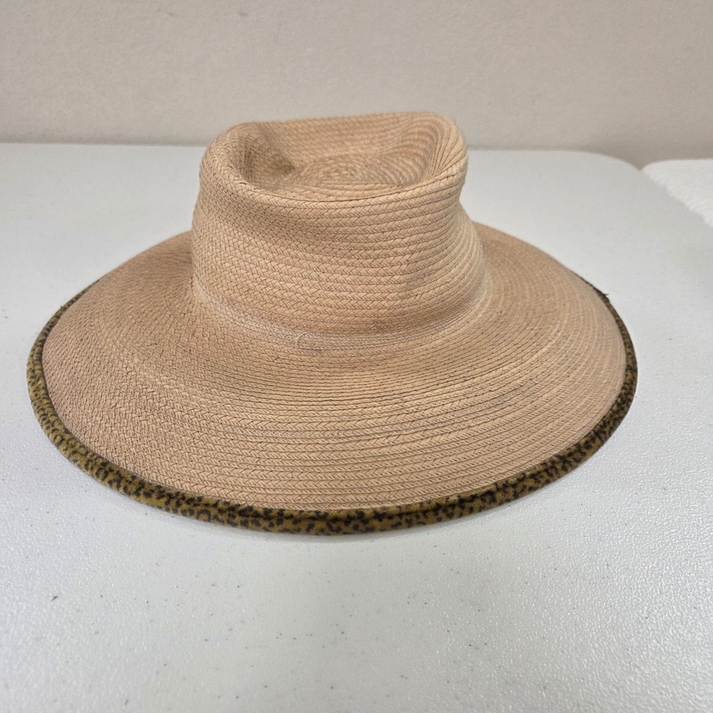 SunBody Hats Handcrafted Palm Leaf Wide Brim Fedora Leopard Trim Tan Size 6 7/8
